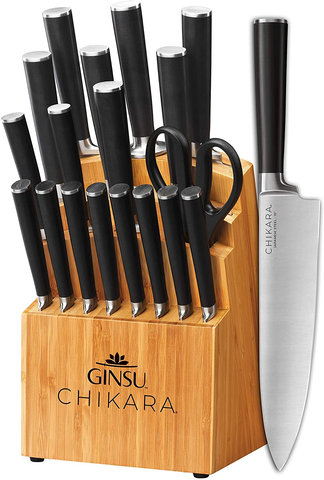 Image of Ginsu Gourmet Chikara Series Forged 19-Piece Japanese Steel Knife Set – Cutlery Set with 420J Stainless Steel Kitchen Knives – Bamboo Finish Block, 07133DS