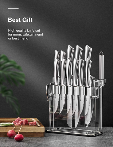 Image of Knife Set, 14 PCS High Carbon Stainless Steel Kitchen Knife Set for Chef, Super Sharp Knife Set with Acrylic Stand, Include Steak Knives, Sharpener and Scissors, Ergonomical Design by Kincano