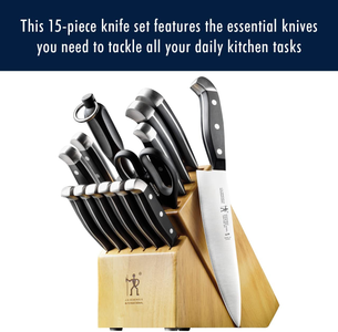 HENCKELS Statement Kitchen Knife Set with Block, 15-Pc, Chef Knife, Steak Knife Set, Kitchen Knife Sharpener, Light Brown