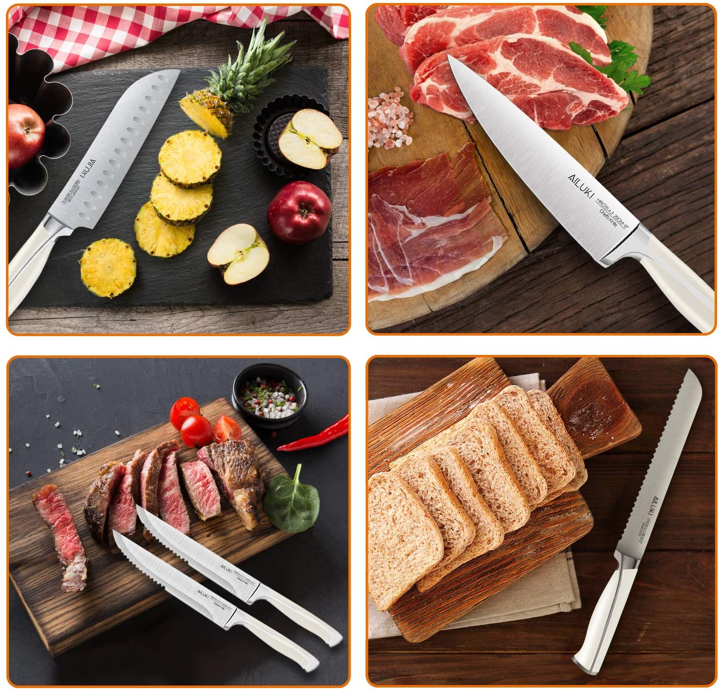 Knife Set,18 Piece Kitchen Knife Set with Block Wooden and Sharpener, Professional High Carbon German Stainless Steel Chef Knife Set, Ultra Sharp Full Tang Forged White Knives Set