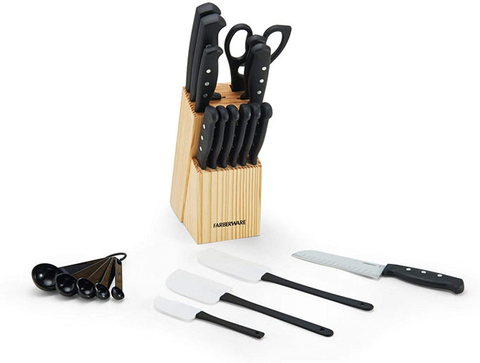 Image of Farberware 22-Piece Never Needs Sharpening Triple Rivet High-Carbon Stainless Steel Knife Block and Kitchen Tool Set, Black