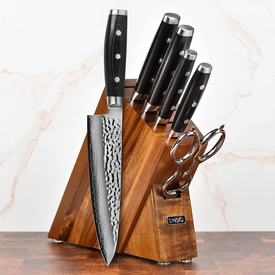Enso Knife Set - Made in Japan - HD Series - VG10 Hammered Damascus Japanese Stainless Steel with Slim Acacia Knife Block - 7 Piece