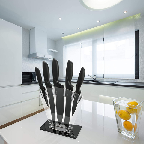 Image of Home Hero 7 Pcs Kitchen Knife Set - Block Knife Set - 5 Black Stainless Steel Knives & Knife Sharpener with Acrylic Stand (Black, Stainless Steel)
