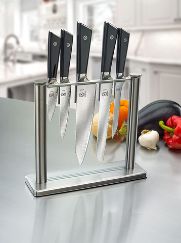 Image of Mercer Culinary Premium Grade Super Steel 6-Piece Knife Set with Glass Block Stand, G10 Handles