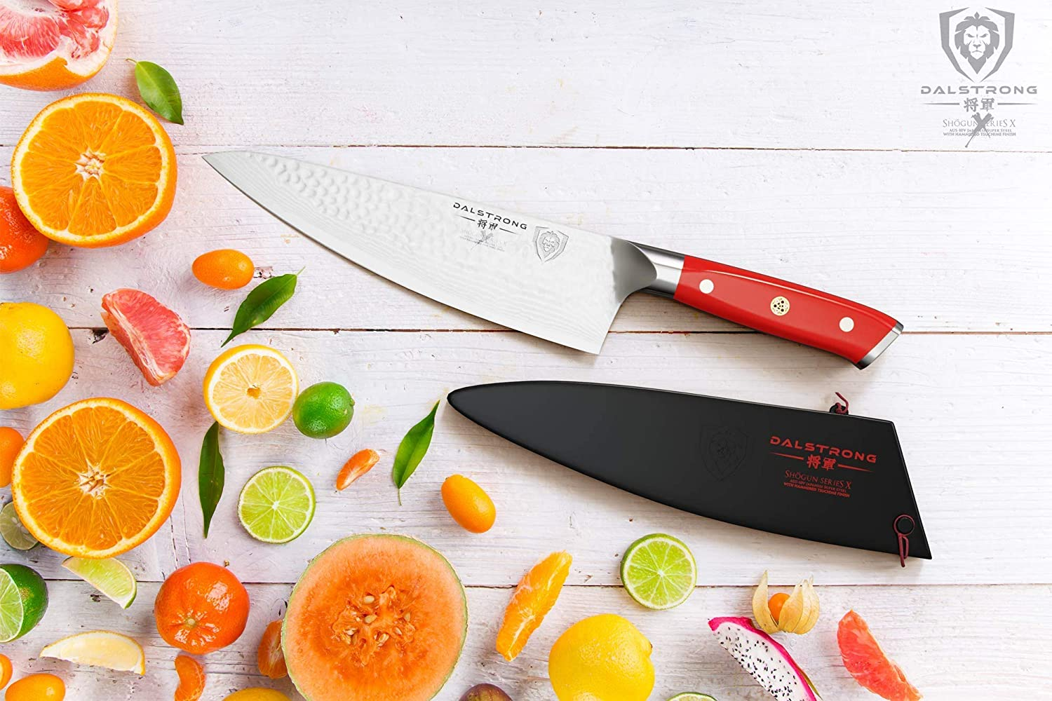 DALSTRONG Chef Knife - 8 Inch - Shogun Series - Damascus - Japanese AUS-10V Super Steel Kitchen Knife - Red Handle - Razor Sharp Knife - W/Sheath