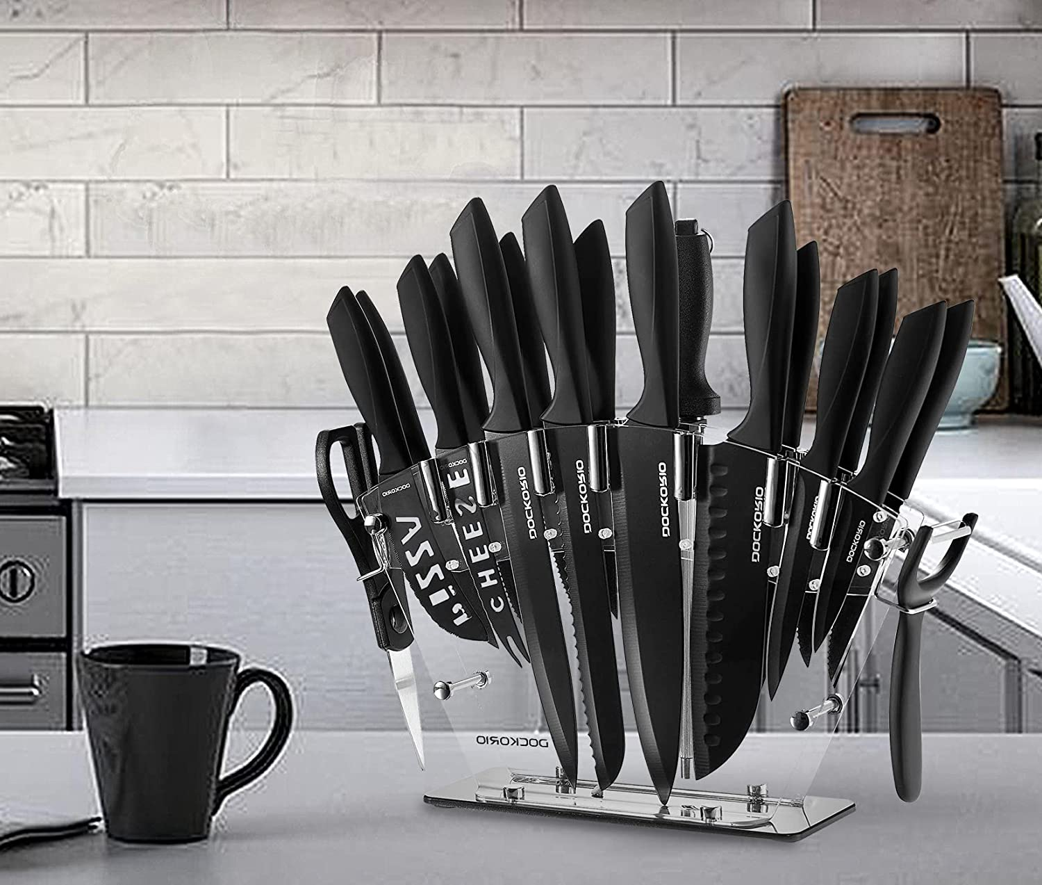 Dockorio Kitchen Knife Set with Block, 19 PCS High Carbon Stainless Steel Sharp Kitchen Knife Set Includes Serrated Steak Knives Set, Chef Knives, Bread Knife, Scissor, Sharpener, All in One Knife Set
