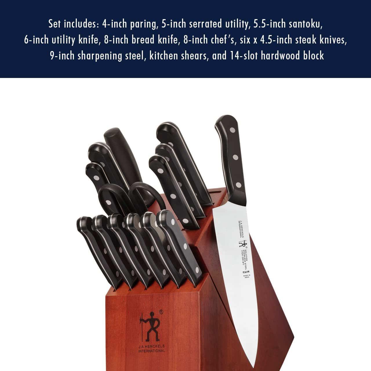 HENCKELS Solution Kitchen Knife Set with Block, 15-Pc, Black/Stainless Steel