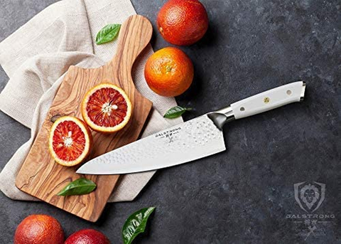 Image of DALSTRONG Chef Knife - 8 Inch - Shogun Series - Damascus - Japanese AUS-10V Super Steel Kitchen Knife - White Handle - Razor Sharp Knife - W/Sheath