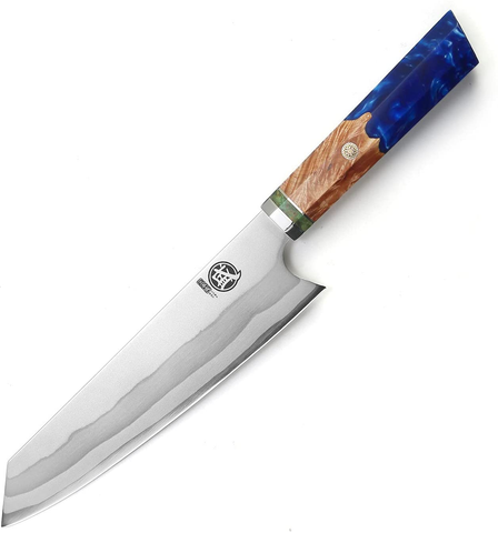 Image of MITSUMOTO SAKARI 8 Inch Japanese Kiritsuke Chef Knife, Hand Forged 67 Layers 440C Damascus Steel Kitchen Knives, Professional Meat Sushi Chef'S Knife (Blue Pomegranate Handle & Gift Box)