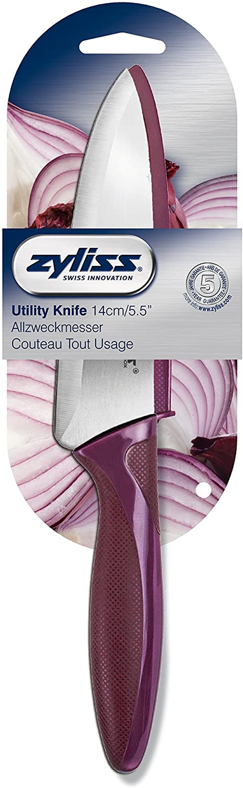 Zyliss - 31380 ZYLISS Utility Paring Kitchen Knife with Sheath Cover, 5.5-Inch Stainless Steel Blade, Purple