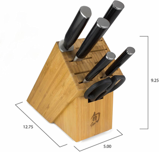 Shun Cutlery Classic 7-Piece Essential Block Set; 11-Slot Bamboo Block, 3.5-Inch Paring Knife, 6-Inch Utility Knife, 8- Inch Chef’S Knife, 9-Inch Bread Knife, Herb Shears, Combination Honing Steel
