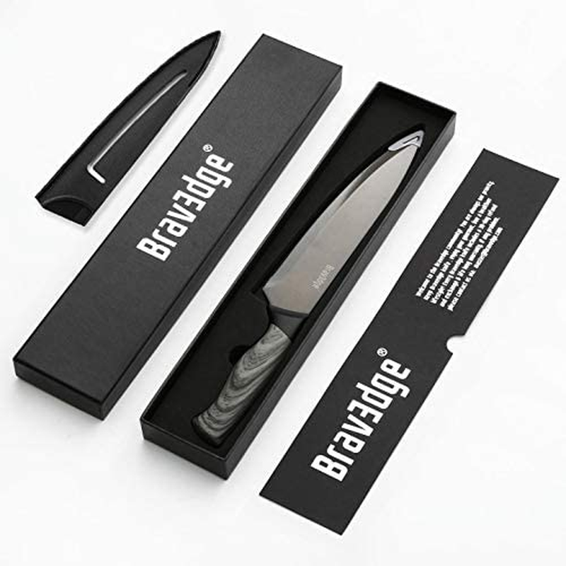Bravedge Chef Knife, 8 Inch Kitchen Knife with Sheath, High Carbon Stainless Steel Ultra Sharp Cooking Knife with Ergonomic Handle, Well Balanced & Easy to Clean & Dishwasher Safe