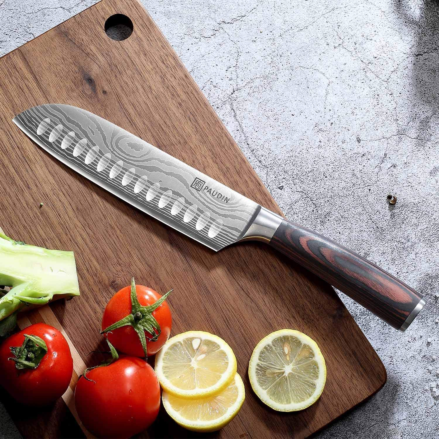 Santoku Knife - PAUDIN N5 7" Kitchen Knife, High Carbon Stainless Steel Chef Knife, Super Sharp Multifunctional Chopping Knife for Meat Vegetable Fruit with Pakkawood Handle and Gift Box