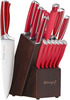 Knife Set, Emojoy 15 Piece Kitchen Knife Set with Block Wooden, German Stainless Steel Sharp Chef Knife Set with Sharpener, Dishwasher Safe and Rust Proof, Red, Black, Blue