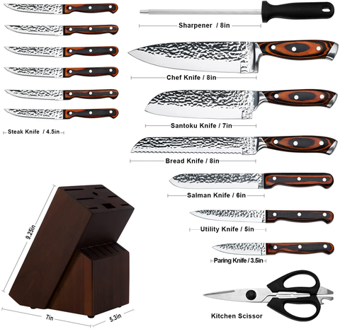 Image of Knife Set, 15-Piece Kitchen Knife Set, Ultra Sharp German Stainless Steel Kitchen Knife Set with Block ，Ergonomic Handle Full Tang Forged Gift with Premium Box