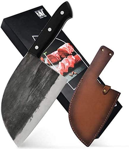 Image of Authentic XYJ since 1986,Outstanding Ancient Forging,6.7 Inch Full Tang,Serbian Chefs Knife,Chef Meat Cleaver,Kitchen Knives,Set with Leather Sheath,Take Carrying,Butcher,For Camping or Outdoor