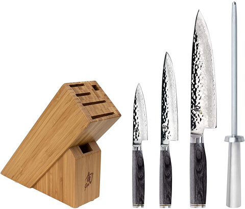 Image of Shun Premier Grey Knife Block Set, 5 Piece Starter Set, Includes Chef, Utility, and Paring Knives, Honing Steel, Wood Block