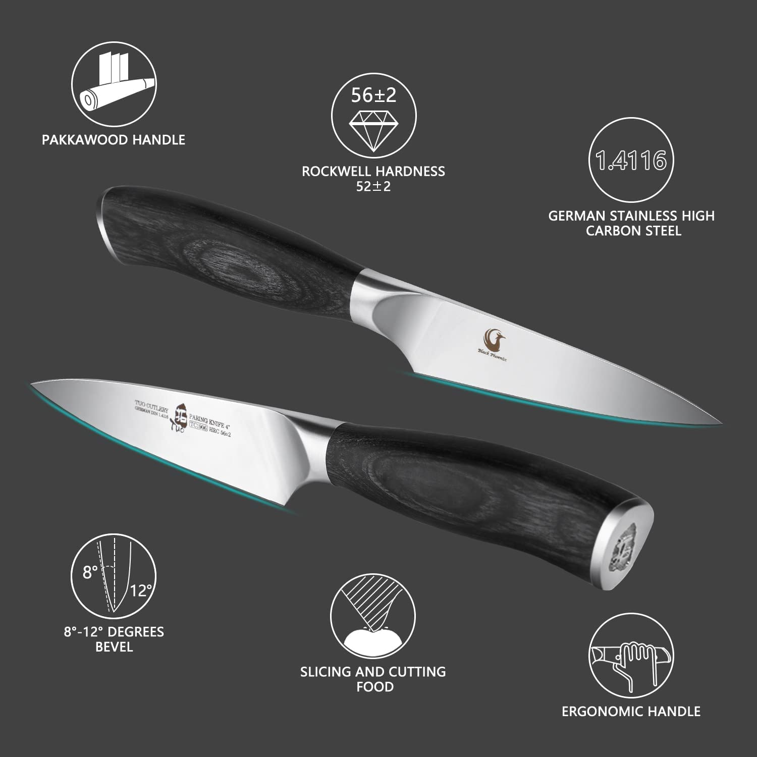TUO Fruit Knife Veggies Fruit Knives 4 Inch Paring Knife Small Kitchen Knife for Cutting Fruit Ultra Sharp,Ergonomic Pakkawood Handle German Stainless Steel Gift Box, Fiery Phoenix Series - Black