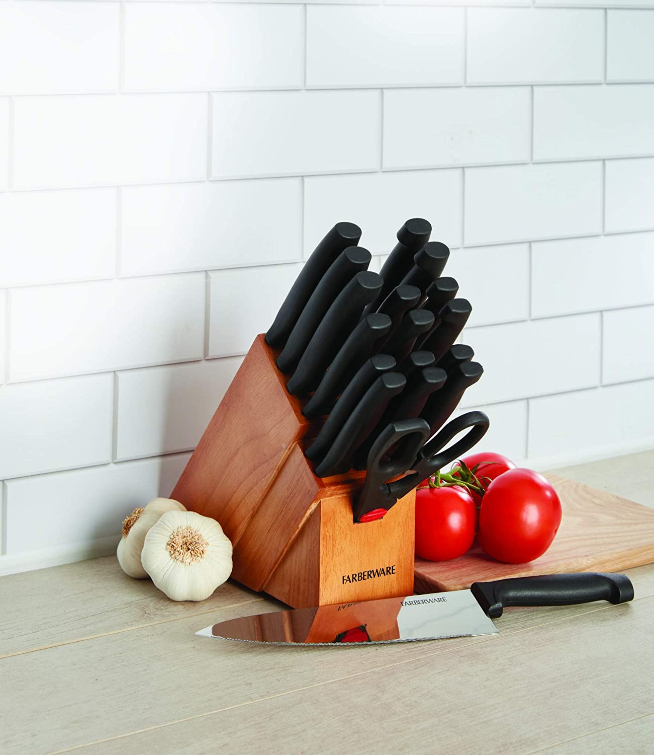 Farberware 18-Piece Never Needs Sharpening High-Carbon Stainless Steel Knife Block Set with Non-Slip Handles, Black