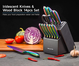 WELLSTAR Rainbow Knife Set 14 Pieces, Iridescent German Stainless Steel Kitchen Knives Set with Wooden Block, Colorful Titanium Coating, Chef’S Knife Block Set with Scissors and Built-In Sharpener