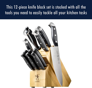 HENCKELS Statement 12-Pc Kitchen Knife Set with Block, Chef’S Knife, Steak Knife Set, Bread Knife, Kitchen Knife Sharpener, Light Brown