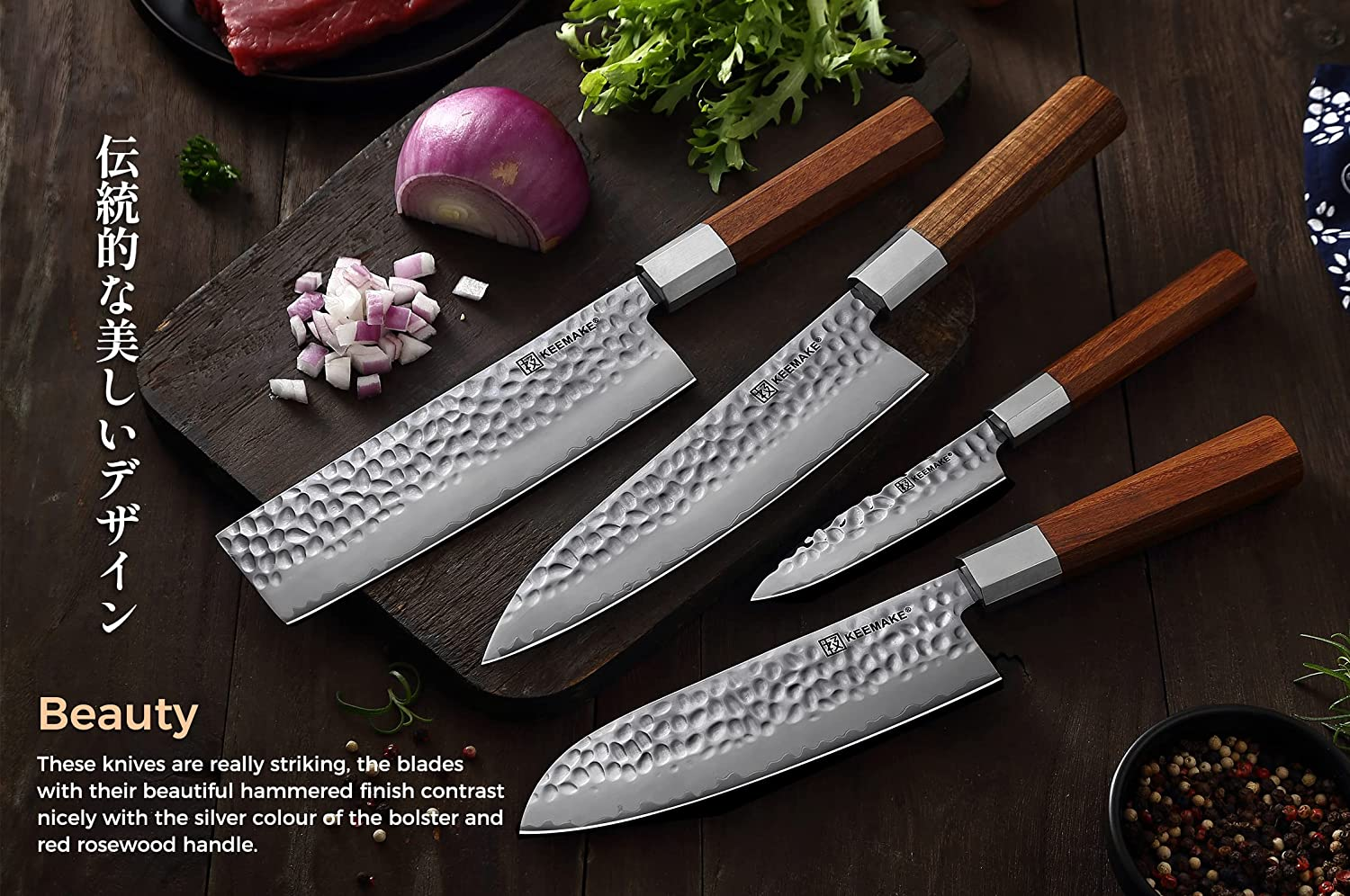 KEEMAKE Japanese Knife Gyuto Chef Knife 8 Inch Kitchen Knife, Hand Forged Sharp Knife 3 Layer 9CR18MOV High Carbon Steel Cooking Knife with Octagonal Rosewood Handle