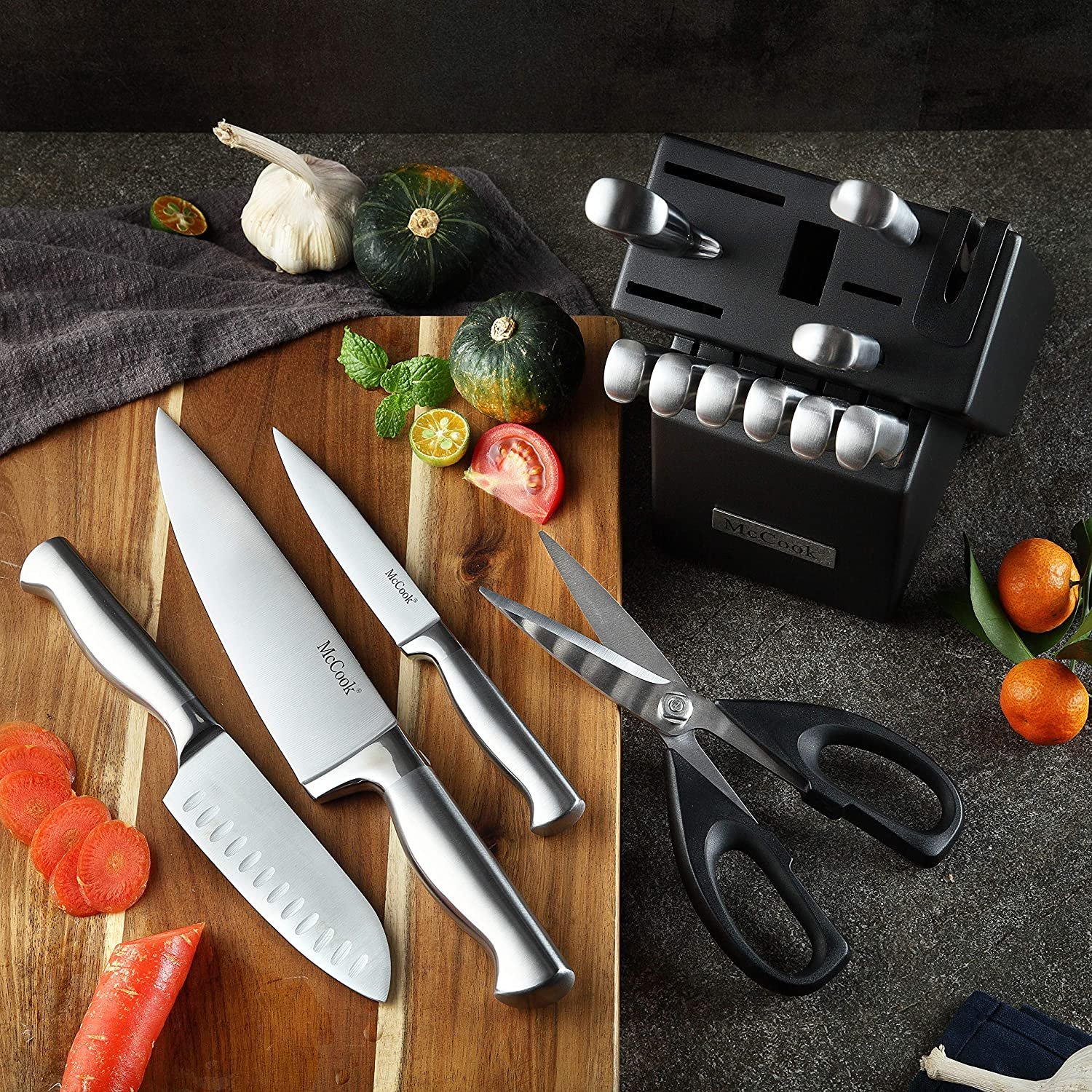 Mccook MC21 Knife Sets,15 Pieces German Stainless Steel Knife Block Sets with Built-In Sharpener