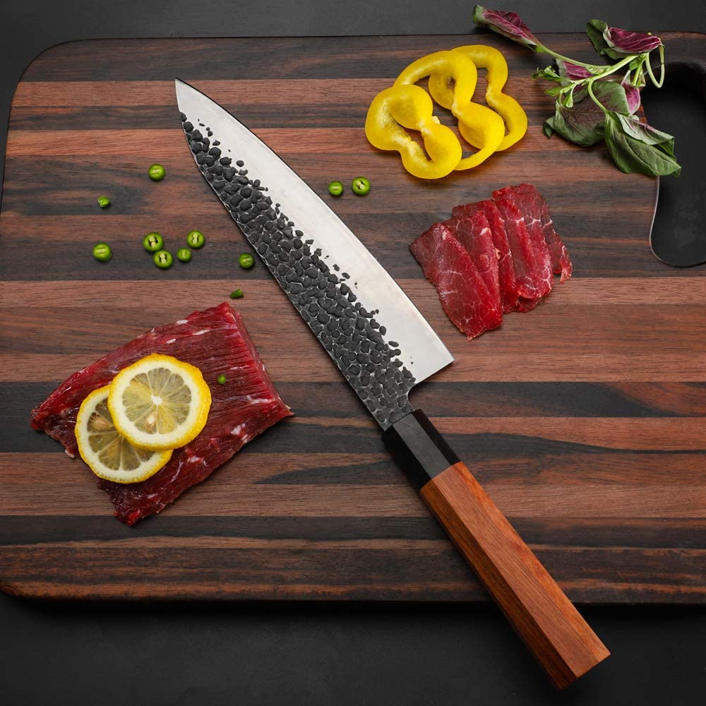 FAMCÜTE 8 Inch Japanese Chef Knife, 3 Layer 9CR18MOV Clad Steel W/Octagon Handle Gyuto Sushi Knife for Home Kitchen & Restaurant