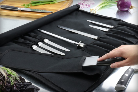 Image of Chef’S Knife Roll Bag (14 Slots) Holds 10 Knives plus Meat Cleaver, Utility Pocket, and 4 Tasting Spoons! Our Durable Knife Carrier Includes Shoulder Strap and Name Card Holder. (Knives Not Included)