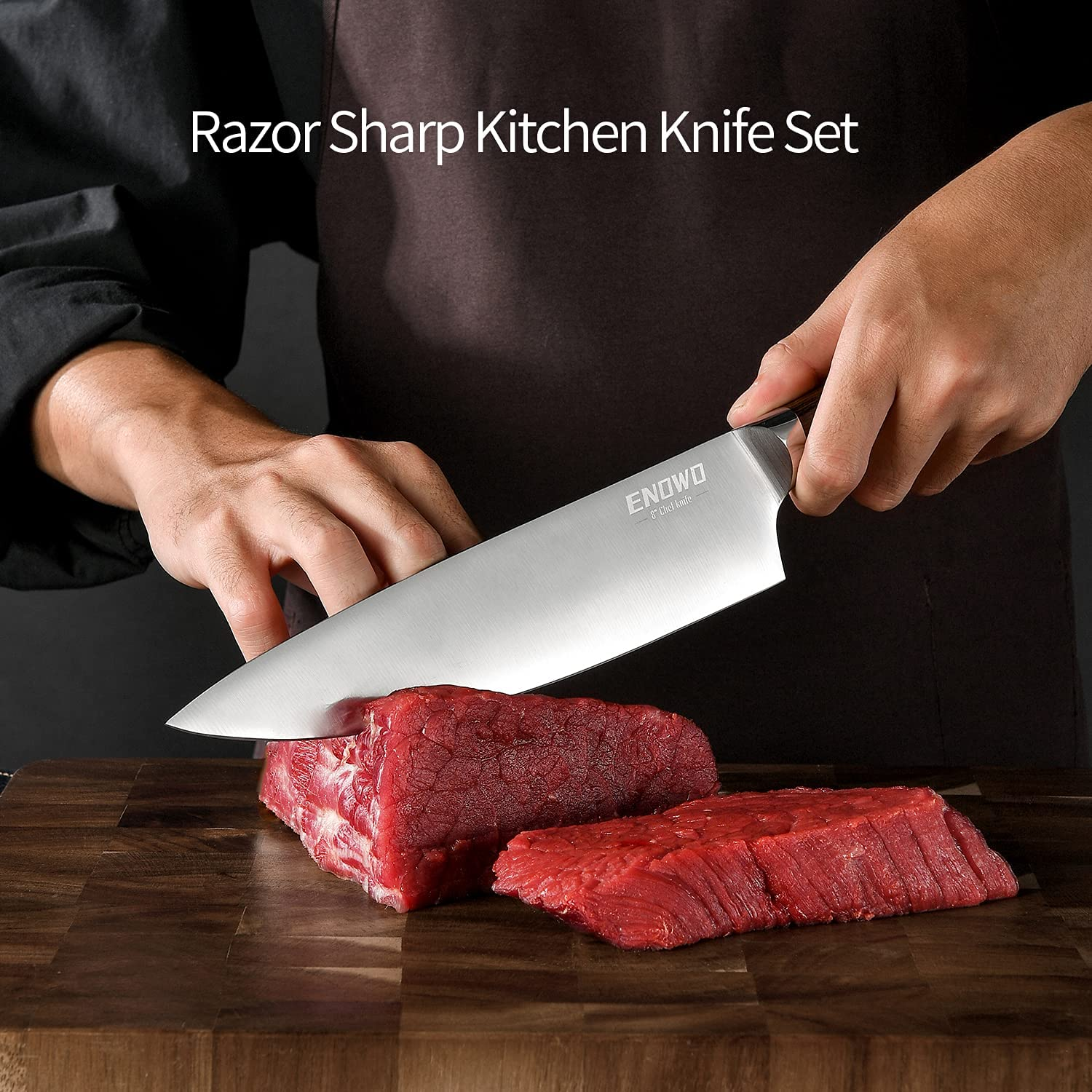 Enowo 7PCS Chef Knife Set,Ultra Sharp Kitchen Knife Set Cutlery Set Premium German Stainless Steel Knife Ergonomic Color Wood Handle Full Tang Gift Box Superb Edge Retention Stain Corrosion Resistant