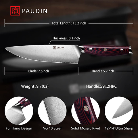 Image of PAUDIN Damascus Chef Knife, 8 Inch Professional High Carbon VG10 Stainless Steel Kitchen Knife, Ultra Sharp Blade Kitchen Knives with Full Tang Ergonomic G10 Handle for Home Kitchen and Restaurant