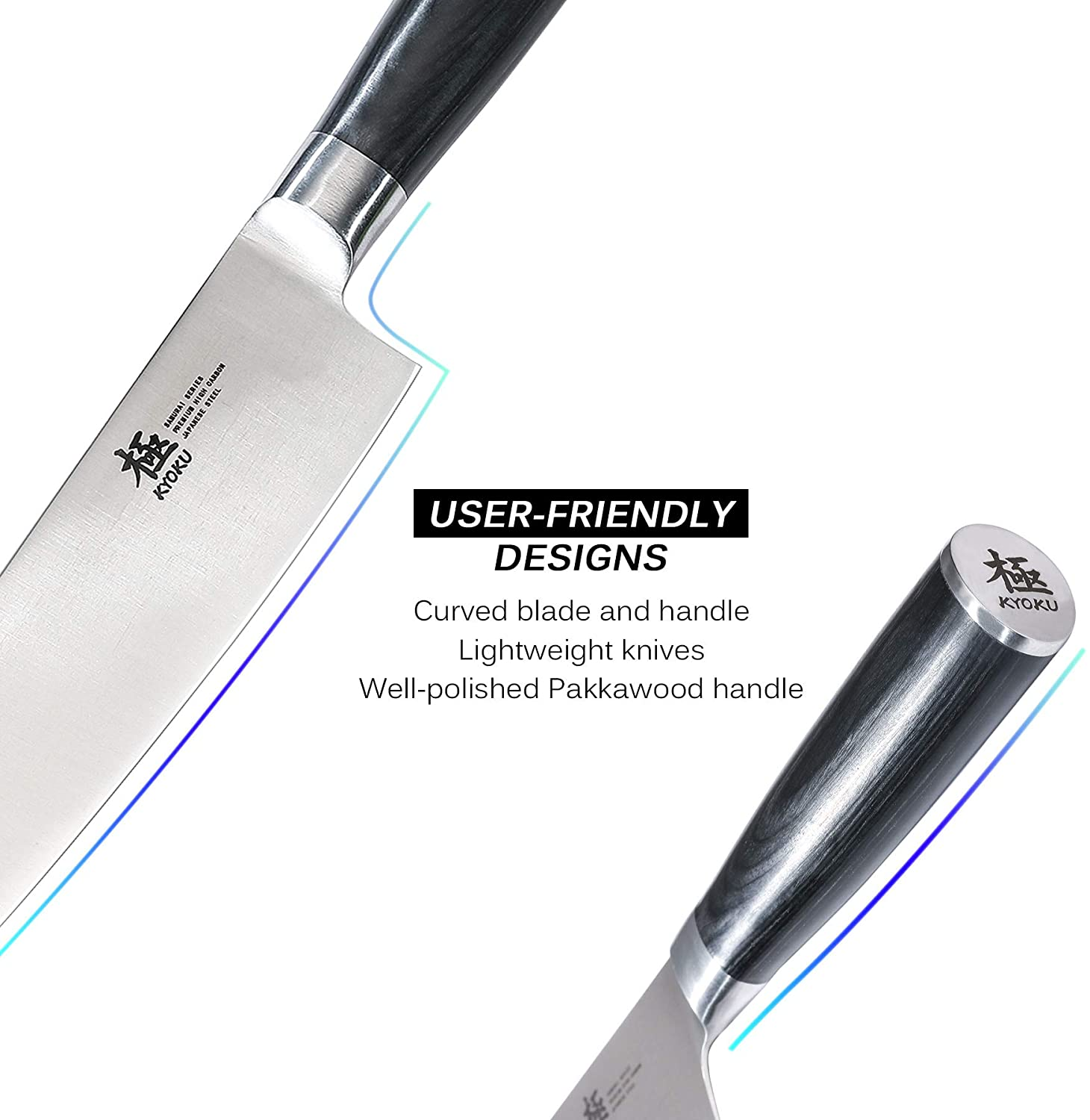 KYOKU 5-Knife Set with Block, 8” Chef Knife + 8” Bread Knife + 6.5” Carving Knife + 5” Utility Knife + 3.5” Paring Knife – Premium Japanese Steel Cutlery Kitchen Knives Set with Wooden Block