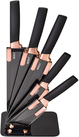 Image of Elabo 5 Piece Black Kitchen Knife Set with Stand - Stainless Steel Non-Stick Coating Knives, Rose Gold Handle