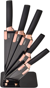 Elabo 5 Piece Black Kitchen Knife Set with Stand - Stainless Steel Non-Stick Coating Knives, Rose Gold Handle