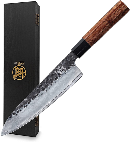 Image of MITSUMOTO SAKARI 8 Inch Japanese Gyuto Chef Knife, Professional Hand Forged Kitchen Chef Knife, 3 Layers 9CR18MOV High Carbon Meat Sushi Knife (Rosewood Handle & Gift Box)