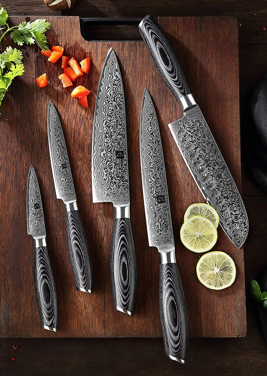 XINZUO 7PC Damascus Steel Knife Block Sets, Professional High Carbon Steel Chef Knife Santoku Slicing Utility Fruit Knife with Multifunctional Kitchen Shears,Ergonomic Pakkawood Handle - Ya Series