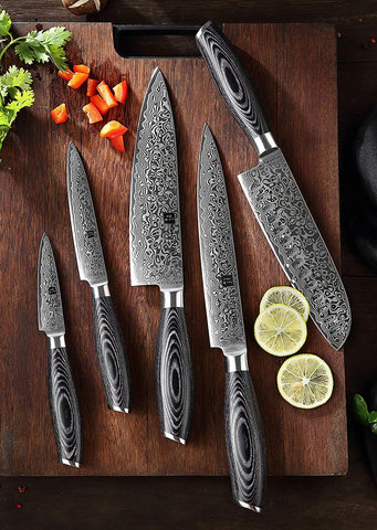 Image of XINZUO 7PC Damascus Steel Knife Block Sets, Professional High Carbon Steel Chef Knife Santoku Slicing Utility Fruit Knife with Multifunctional Kitchen Shears,Ergonomic Pakkawood Handle - Ya Series
