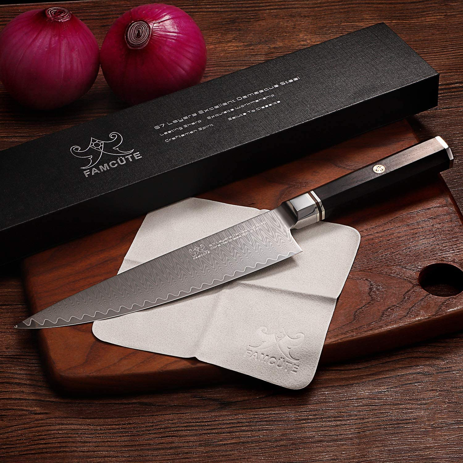 FAMCÜTE 8" Chef'S Knife, Made of 67 Layers Damascus W/Octago Indonesian Ebony Handle Professional Japanese Gyuto Knife Have Razor Sharp and Superb Edge Retention