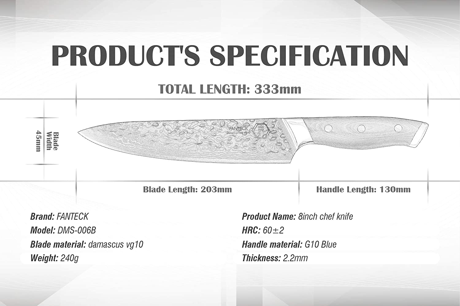 [8-Inch]Chef Knife FANTECK Professional Damascus Chef Knife High Carbon Ultra Sharp VG-10 Damascus Stainless Steel 67 Layers Kitchen Meat Cutting Gyuto Chef Knife [Gift Box]- Ergonomic Blue G10 Handle