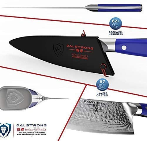 Image of DALSTRONG Chef Knife - 8 Inch - Shogun Series - Damascus - Japanese AUS-10V Super Steel Kitchen Knife - Blue Handle - Razor Sharp Knife - W/Sheath