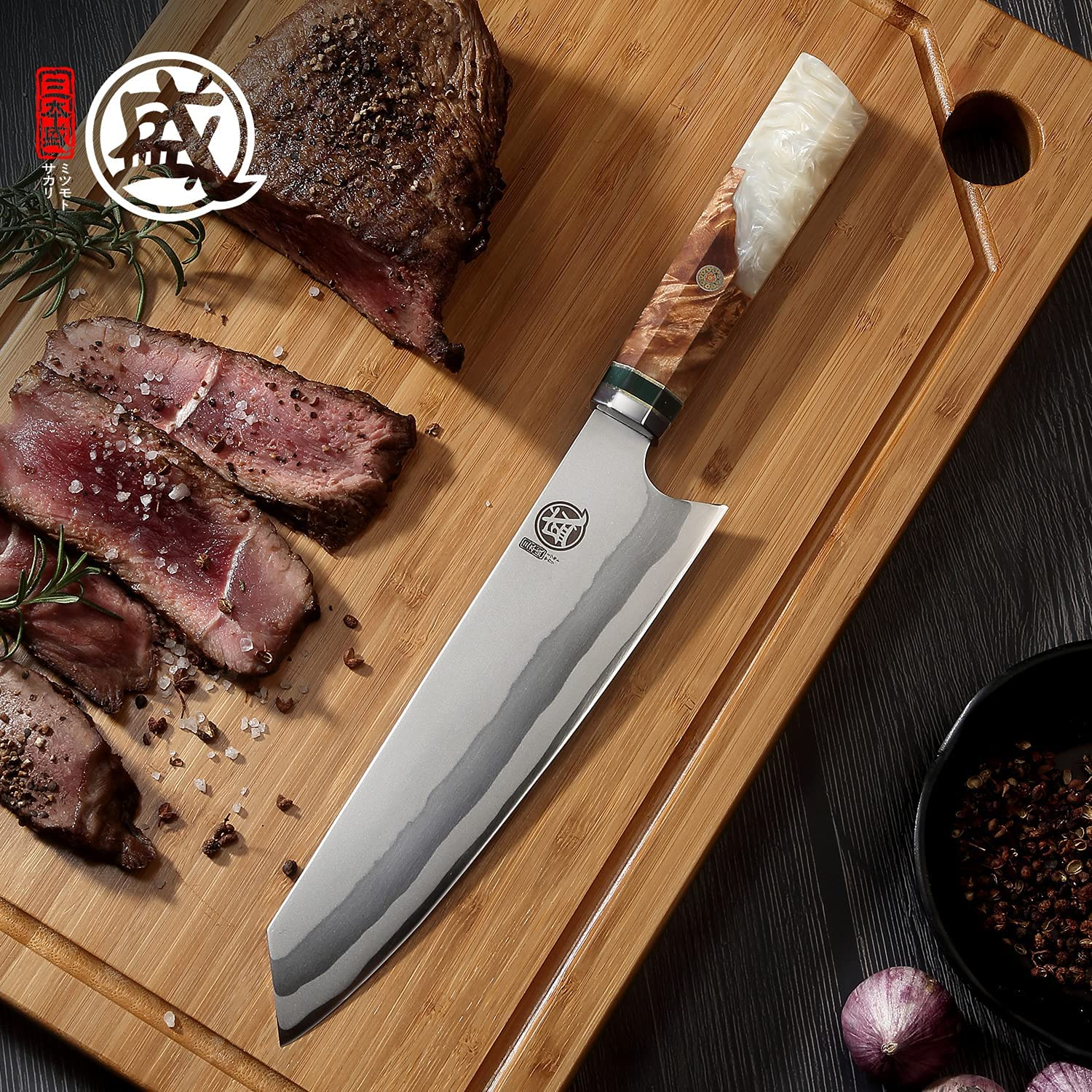 MITSUMOTO SAKARI 8 Inch Japanese Kiritsuke Chef Knife, Hand Forged 67 Layers 440C Damascus Steel Kitchen Knives, Professional Meat Sushi Chef'S Knife (White Pomegranate Handle & Gift Box)