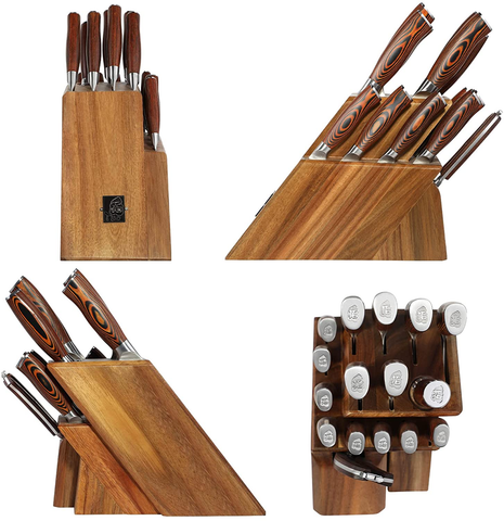 Image of TUO 17 PCS Kitchen Knives Set - Kitchen Block Set with Steak Knife - German X50Crmov15 Steel Blade - Full Tang Pakkawood Handle - Gift Box Included - Fiery Series