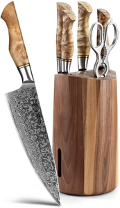 HEZHEN 7PCS Kitchen Knives Set Professional Forging Damascus High Carbon Steel Chef Knife Santoku Bread Knife Utility Knife Fruit Knife 3Cr14 Multifunctional Kitchen Scissors 6Slot Black Walnut Block