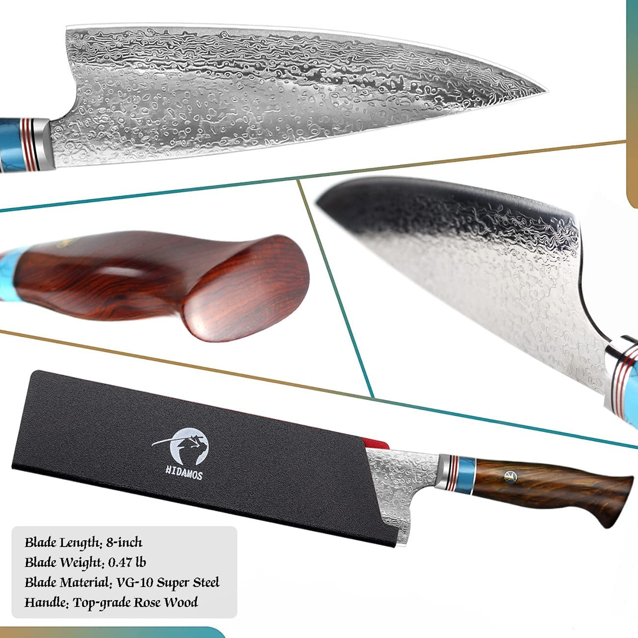 HIDAMOS Professional Damascus Chef Knife Super Sharp Kitchen Knives 73-Layer VG-10 Steel Japanese Sushi Knife for Meat/Vegetable with Sheath