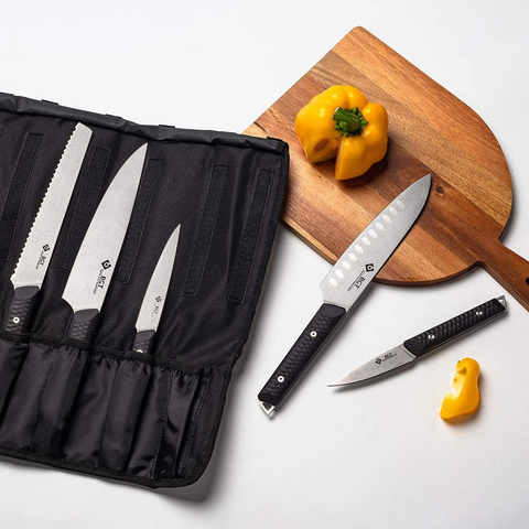 Image of BGT Kitchen Knife Set, 5Pcs Professional Chef Knife Set with Bag, Stonewashed Swedish Sandvik 12C27 Steel Kitchen Knife Set with G10 Handle