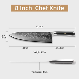 Sunnecko Damascus Chef Knife 8 Inch- Razor Sharp Kitchen Knife Made of Damascus VG-10 Steel with Rivet Full Tang Solid Handle-Professional Japanese Chef'S Meat Knife