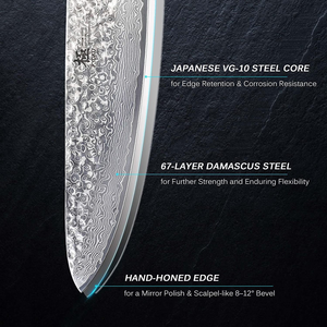 KYOKU Chef Knife - 8"- Shogun Series - Japanese VG10 Steel Core Hammered Damascus Blade - with Sheath & Case