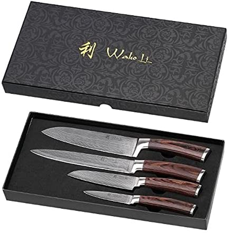 Wakoli EDIB 4-Pcs Damascus Knife Set I Professional Kitchen Knives Made of Japanese Damascus Steel VG10 Chef Knife Set with Pakka Wood Handle in Gift Box