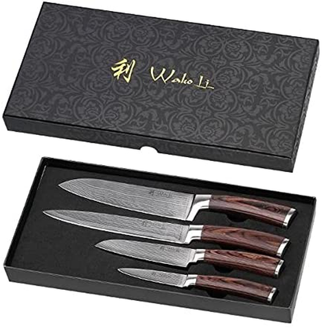 Image of Wakoli EDIB 4-Pcs Damascus Knife Set I Professional Kitchen Knives Made of Japanese Damascus Steel VG10 Chef Knife Set with Pakka Wood Handle in Gift Box