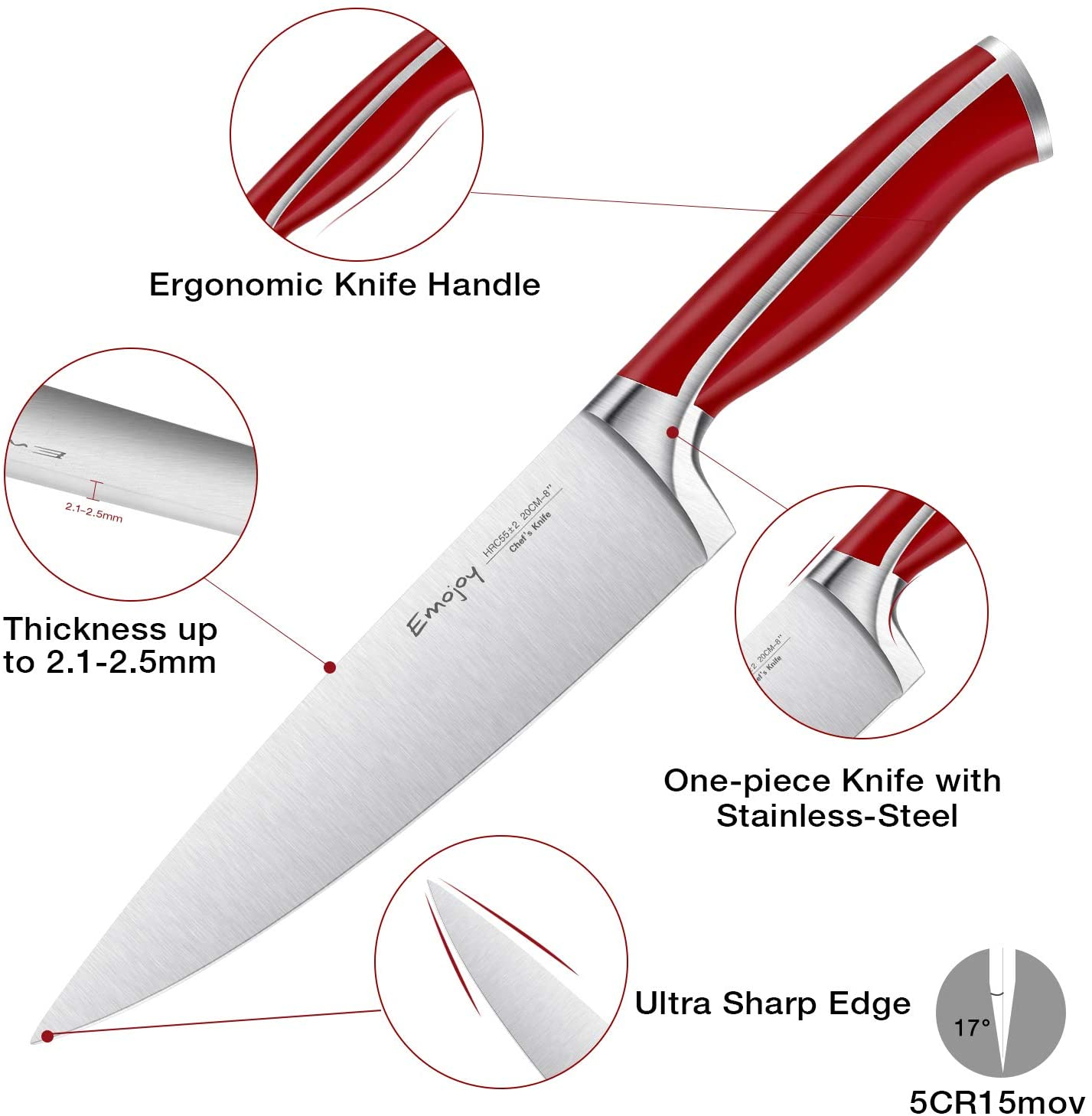 Knife Set, Emojoy 15 Piece Kitchen Knife Set with Block Wooden, German Stainless Steel Sharp Chef Knife Set with Sharpener, Dishwasher Safe and Rust Proof, Red, Black, Blue